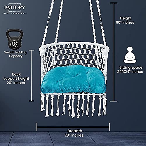 Image of Patiofy Premium Swing for Balcony /Jhula for Adults /Jula with Blue Cushion & Accessories for Indoor & Outdoor (White)