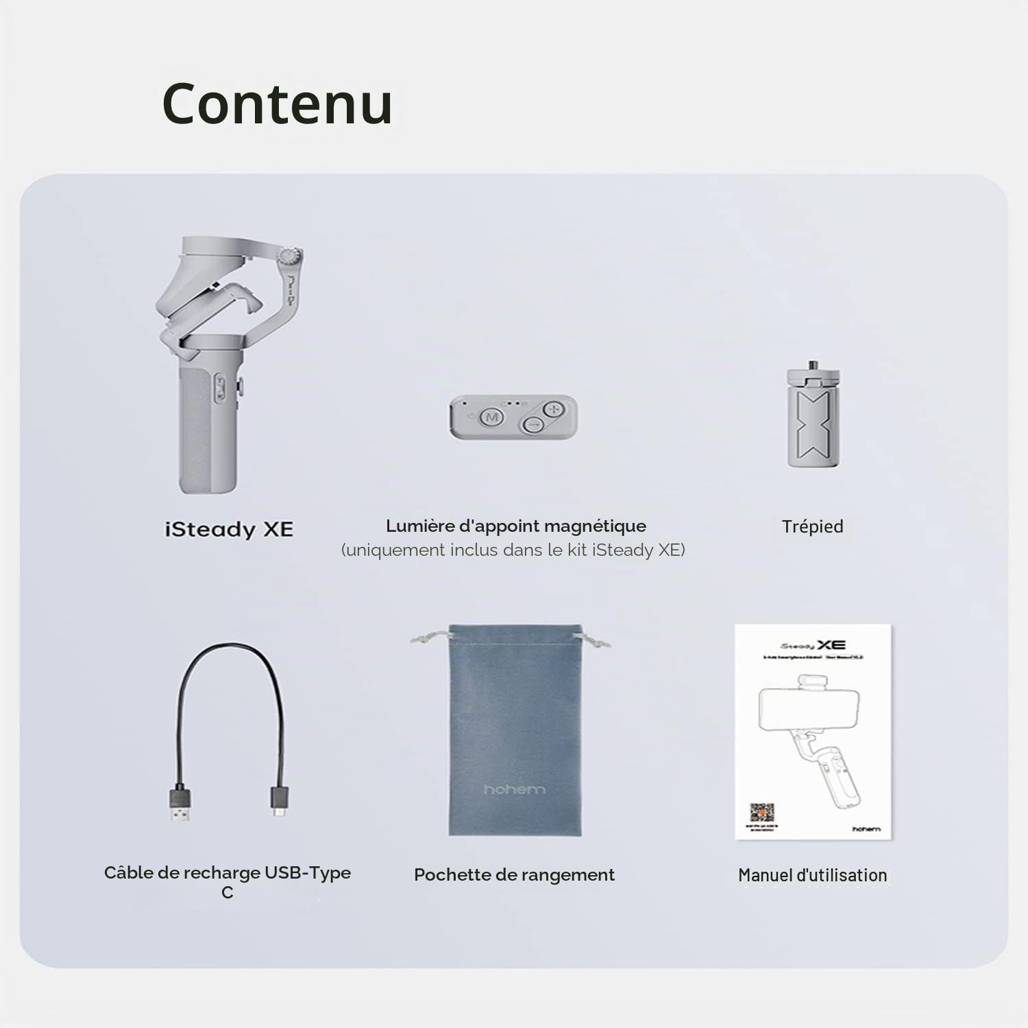 Hohem isteady XE KIT 3 Axes stabilisateur de cardan Smartphone avec lumière pour iPhone téléphone Android pour vlog Enregistrement vidéo en Direct Main Pliante stabilisateur de cardan Gris Combo