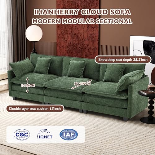 Image of Ihanherry 111.4 Inch 3-Seater Cloud Sofa, Modular Sectional Couch, Modern Deep Seat Sofa for Living Room, Comfy Double Layer Upholstered Seat Cushion, Breathable Chenille Fabric, Green