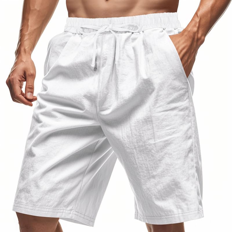Mens Linen Shorts Casual Elastic Waist Solid Drawstring Summer Athletic Shorts with Pockets