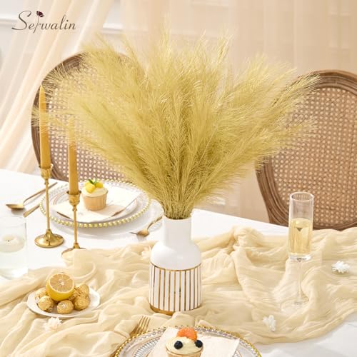 Image of Serwalin Gold Artificial Pampas Grass Decor, 17.7 Inch 6pcs Golden Realistic Faux Pampas Grass for Wedding Centerpieces, Home Decor, Table, Party Decorations