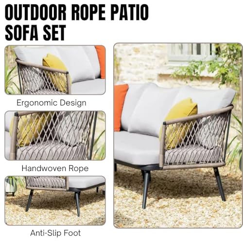 Image of DEVOKO Outdoor Indoor L-Shape All Weather Handwoven Rope Patio Set with Glass Top Coffee Table for Backyard, Balcony, Pool, Terrace, Garden (Beige & Off-White)