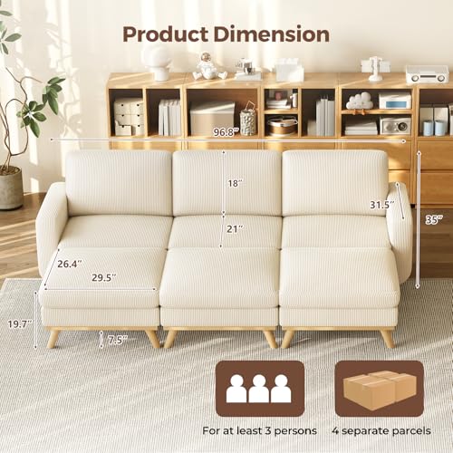 Image of Vesgantti 97 inch Modular Sectional Sofa Beige, Sectional Couch with Movable Ottoman, Comfy Corduroy Couch with Spring Cushion, Modular Sofa with Deep Seat for Living Room, Bedroom and Apartment
