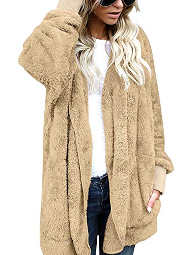 Yanekop Womens Fuzzy Fleece Open Front Hooded Cardigan Jackets Sherpa Outerwear Coats With Pockets(05 Khaki,3Xl) #TOP3