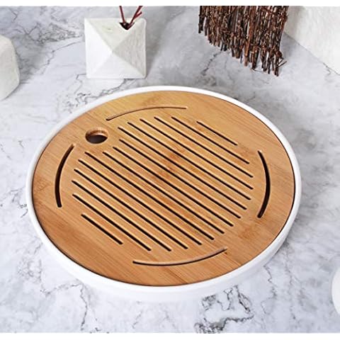 Hinomaru Collection Oriental Kung Fu Table Service Round Serving Tea Tray Bamboo Drip Pan Melamine Base Reservoir Tea Ceremony Accessories (White) Cover