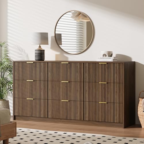 Image of MAISONARIA 9 Drawer Dresser for Bedroom, 63 inch Wide Modern Fluted Dresser with Gold Metal Handles, Chest of Drawers for Bedroom, Living Room, Entryway, Hallway, Walnut
