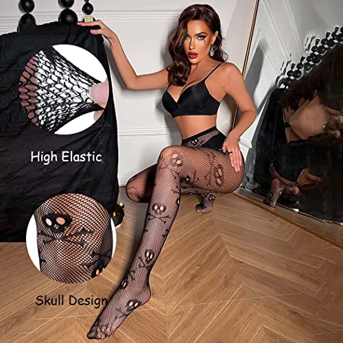 Image of CanB Skull Fishnet Stockings Sexy High Waist Tights Halloween Pumpkin Thigh High Pantyhose for Women