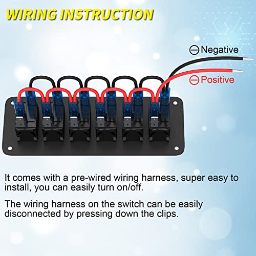 Image of Joinfworld 6 Gang Rocker Switch Panel 12V Marine Boat Switch Panel Waterproof 12 Volt Blue LED Light Toggle Switch Panel ON Off with Pre-Wired for Boat Automotive Car Truck RV UTV