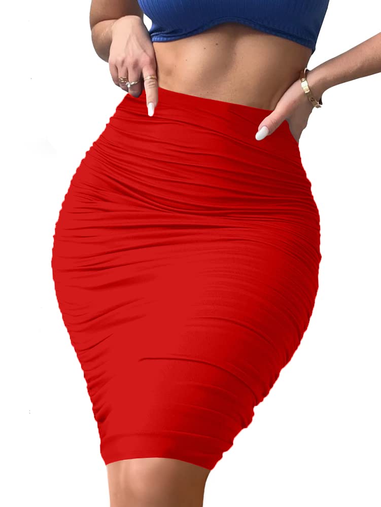 eoeooWomen's Elastic High Waist Ruched Bodycon Stretch Elegant Pencil Midi Skirt