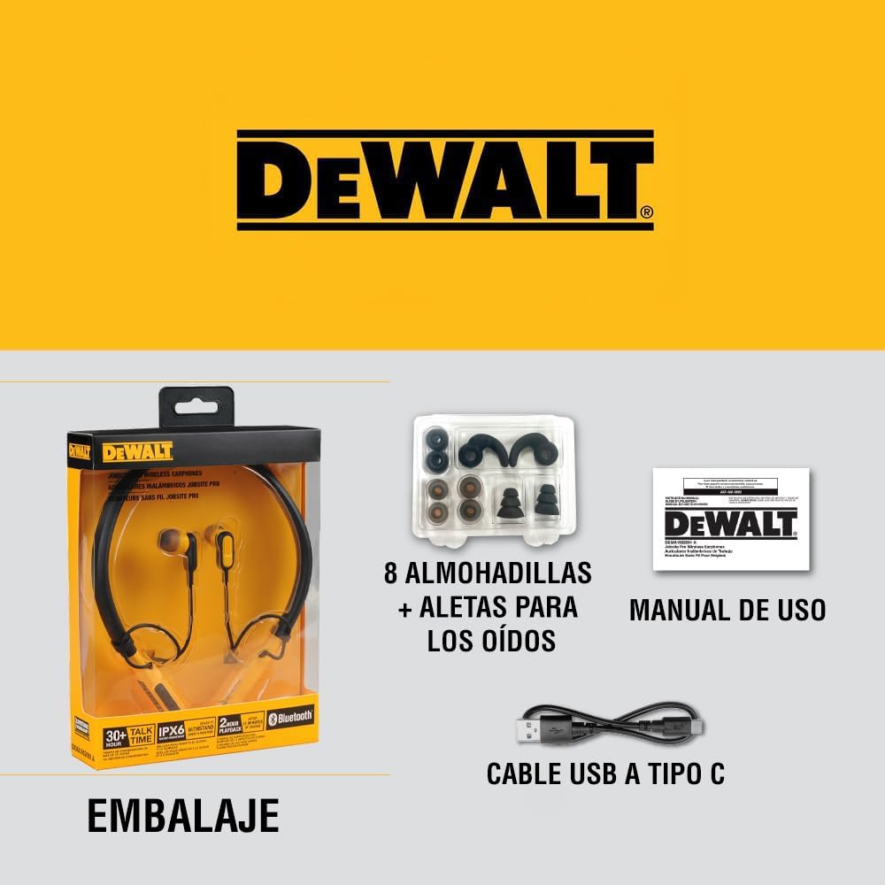 DEWALT Auriculares Resistentes con Bluetooth, Auriculares inalámbricos Alrededor del Cuello con 30 H de Tiempo de ejecución + Aislamiento de Ruido, Auriculares inalámbricos magnéticos Seguros