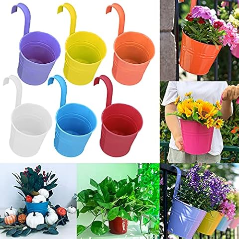 LEBOO Flower Pots, 6.3" x 4.7" x 5.3 " Iron Hanging Plant Garden Pots Outdoor & Indoor, Railing Fence Balcony Planter with Detachable Hooks, Multicolor Bucket Pots for Home Decoration, 6PCS Cover