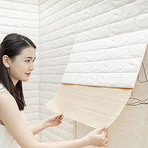 3D Wall Panels Peel and Stick Foam Wallpaper White Brick 3D Wallpaper Stick and Peel Self Adhesive Waterproof Foam Faux Brick Paneling Decorative Wallpaper Bedroom, Kitchen, Fireplace (4PCS, White)