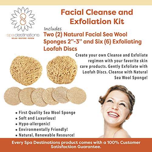 Facial Cleanse and Exfoliate Kit by Spa Destinations - Kit Includes Two (2) Natural Facial Sea Wool Sponges 2"-3" and Six (6) Natural Exfoliating Loofah Discs. - Thumbnail 5