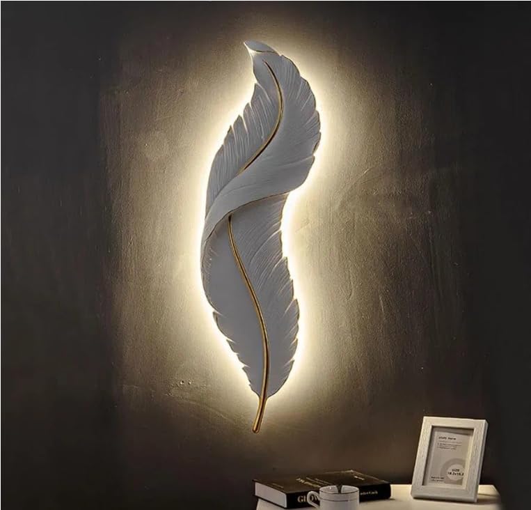 Image of Resin Antique Feather Wall Sconce|Snowy Quill Decorative Wall Light for Living Room, Hallway, Kitchen & Office- Warm White, Cool White, Natural White (White+Golden)