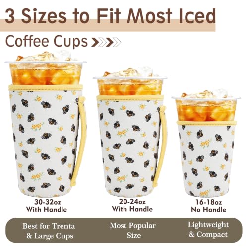 Image of KJQJLY 3 Reusable Iced Coffee Sleeves for Iced Coffee Cups or Drinks Reusable Neoprene Insulated Sleeves for Hot and Cold Drinks from Starbucks, Dunkin, And More (Honey Bee)
