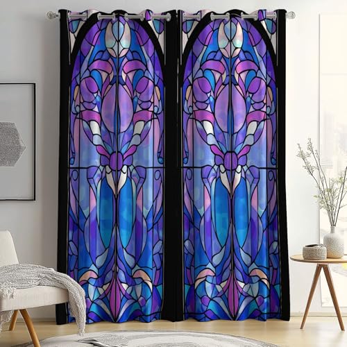 Cortinas con Ojales Azul Morado, Cortinas Opacas para decoración del hogar con Aislamiento térmico Geométrico Ventana De Vidrio, Cortinas para Dormitorio y Sala de Estar 140 x 245 cm (2 Paneles)