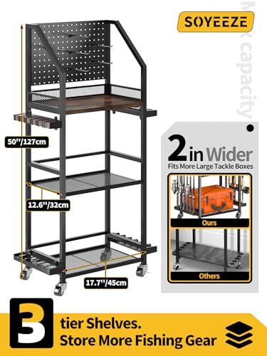 Image of SOYEEZE Fishing Rod Holders for Garage, Fishing Pole Holders Up to 12 Rods with Pegboard and Hooks,Rolling Fishing Cart with Wheels, Fishing Gear Storage For Tackle Box & Reel Organization-6 Hooks