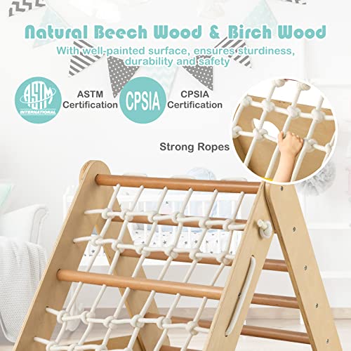 Honey Joy 4-In-1 Triangle Climber With Ramp, 3-Side Kids Climbing Triangle Ladder With Net Rope & Bars, Wooden Montessori Climbing Toys For Toddlers Daycare, Gym & Playground, Gift For Boys Girls #TOP1