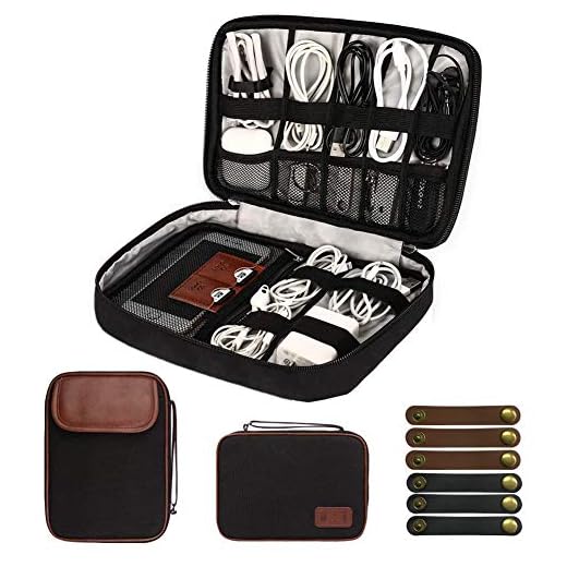 Cable Organizer Bag,Travel Electronic Organizers Bag Waterproof Tech Organizer Bag Portable Cord Storage Pouch for Cable, Charger, Phone, USB, SD Card,with 6pcs Leather Cable Ties (Black)
