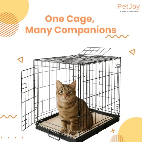 Image of PETJOY Foldable Metal Cage | 24 Inch Dog Crate Kennel for Puppies, Medium Dogs, Cats & Rabbits | Double Door with Secure Lock, Removable Leak-Proof Tray | Portable & Easy to Clean Pet Cage (Black)