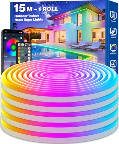 AHRLHR 15m Waterproof Neon Rope Lights IP68, LED Strip Light for Outdoor Indoor, Flexible RGB Neon Strip Lights Controlled by APP & Remote, Music Sync Gaming Strip for Game Room or Around Pool