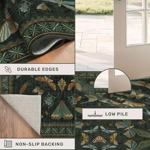 Image of Hazo Haus 2x3 Entry Way Rugs Indoor - Dark Green Small Throw Rug for Kitchen, Bathroom, Insect Boho Design, Washable Non Slip Stain Resistant