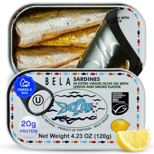 BELA Wild Caught Portuguese Sardines - Lightly Smoked & Marinated in Organic Lemon Flavored Extra Virgin Olive Oil | 4.25 Oz | All Natural, High Protein, Hand Selected, Sea Salted, & Omega 3 Rich