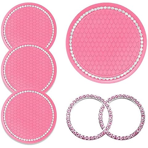 4 Pieces Car Coasters bling car accessories Rhinestone Car Cup Holders Silicone Anti Slip Coasters and 2 Pieces Pink Bling Car Emblem Stickers Car Engine Ignition Button Rings for Most Cars, Trucks Cover