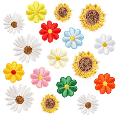 Mabor 17 parches termoadhesivos de margaritas para ropa, parches de girasol para coser para niñas, niños y mujeres, pequeños parches bordados para sombreros, jeans, chaquetas, pantalones, zapatos