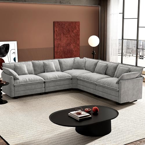Image of Ihanherry 114 inch V-Shaped Modern Sofa Modular Sectional Cloud Couch with Corner Section, 5-Seat Chenille Deep Seat Sofa with 5 Pillows for Living Room, Bedroom and Apartment, Grey