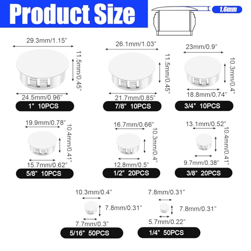Image of 180PCS 8 Sizes White Plastic Hole Plugs, Knockout Plugs for Reserved Holes in Kitchen Cabinet, 1 /4 inch to 1 inch Sizes