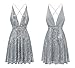 R.Vivimos Women's Sequin Dress Spaghetti Strap Sexy Deep V Neck Backless Glitter Club Party Skater Swing Mini Dress (Small, Silver)