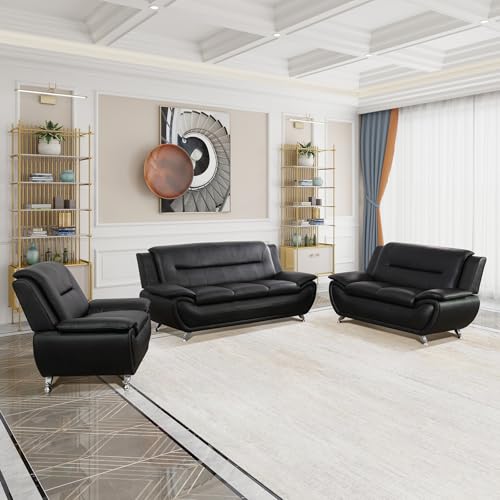 Image of Modern Leather Sofa Set, Living Room Furniture, 3 - Piece Couch Set, Faux Leather Couch Loveseat Chair Set with Sturdy Legs for Living Room /Bedroom /Office,Black