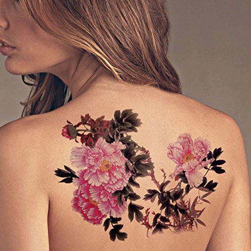 TAFLY Extra Large Lower Back Colored Tree Peony Flower Temporary Tattoos Body Art Transfer Sticker for Womens 2 Sheets