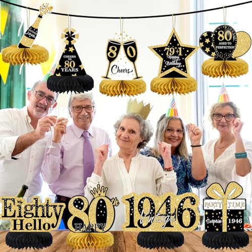 Image of 9Pcs 80th Birthday Decorations Honeycomb Centerpieces for Men Women, Black Gold Happy 80th Birthday Centerpieces Tables Toppers Party Decorations Supplies,Vintage 1946 Aged Table Sign Decor