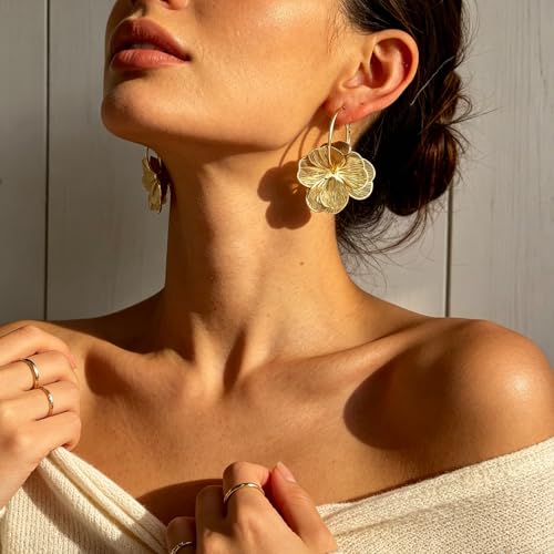 RINHOO Elegant 3D Floral Hoop Earrings Boho Statement Trendy Hoop Earring Flower Drop Earrings Jewelry (Style 1-Gold) - image 4