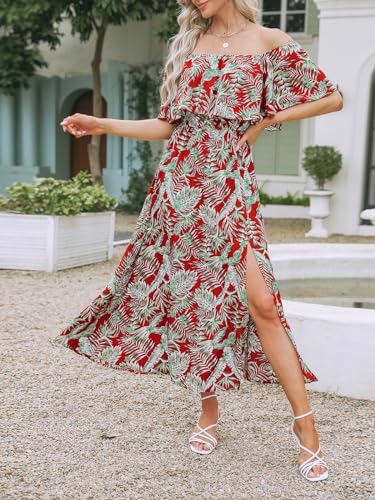Image of CUPSHE Women Ruffle Floral Maxi Summer Dress Off Shoulder Short Sleeve Backless Flounce Bodice Slit Hem Beach Dresses