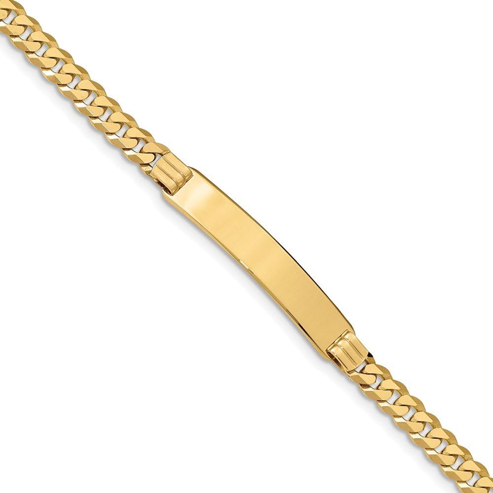 Solid 14k Yellow Gold Engravable Identification Name Bar Tag Curb Cuban Link ID Bracelet - with Secure Lobster Lock Clasp 7" (Width = 7mm)