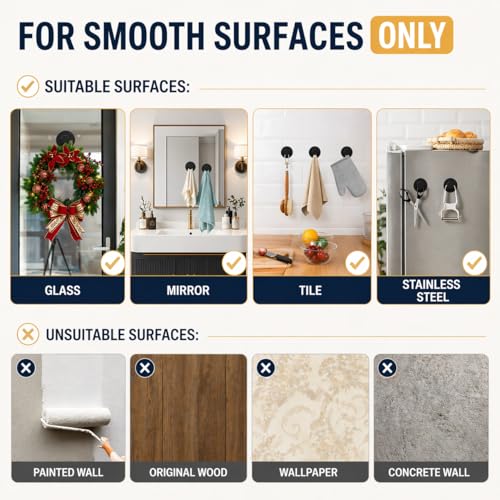 Image of KORCCI Suction Cup Hooks 4 Pack, 15 LB Bathroom Towel Hooks, 304 Stainless Steel No Drilling Hooks for Towels, Robes & Loofah, Waterproof Shower Hooks for Glass, Mirror, Tile, Black