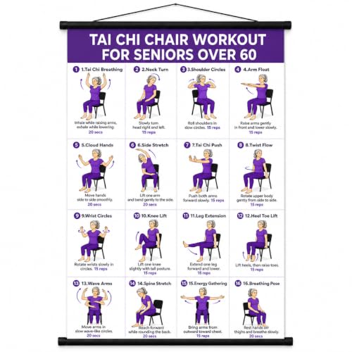 Tvisenva Tai Chi Chair Workout Chart for Seniors - Chair Tai Chi Exercise Poster for Beginners - 16 Seated Tai Chi Movements for Balance Flexibility Mobility and Relaxation - 16 x 24 Inch Wall Art