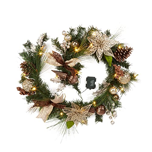 GarveeHome Christmas Garland with Lights for Mantle, 6FT Pre-Lit Xmas Garland with Brown Ball Ornaments Pine Cones and Ribbon Bows for Fireplace Front Door Window Indoor Outdoor Christmas Decoration