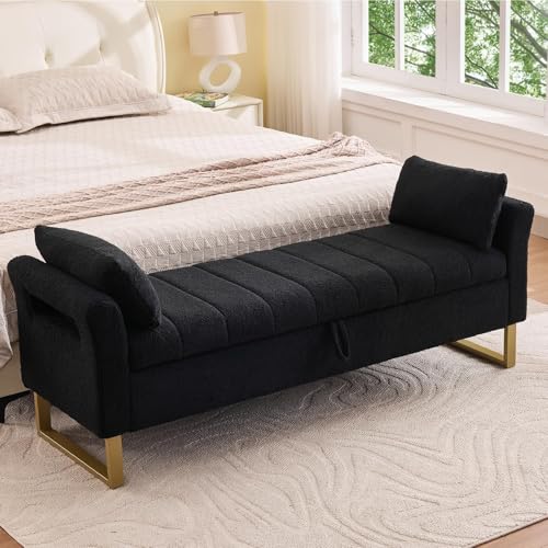 AEMEIOS 66'' End of Bed Bench with Storage King Size, Extra Long Storage Benches for Foot of Bed with Armrest, Comfy Bedroom Storage Bench with Pillows for Entryway, Windows, Closet, Black Teddy