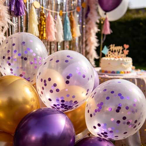 Image of 100pcs Purple Confetti Balloons 12 Inch Clear Latex Balloon with Purple Confetti Inside for Balloon Garland or Arch Birthday Anniversary Graduation Engagement Wedding Party Decorations
