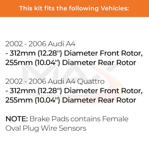 Image of Max Advanced Brakes Front & Rear Brake Kit Compatible With 2002-2006 A4 Quattro w /12.28 inch Fr 10.04 inch Rear Rotor Replacement Premium OE Disc Brake Rotors and Ceramic Brake Pads