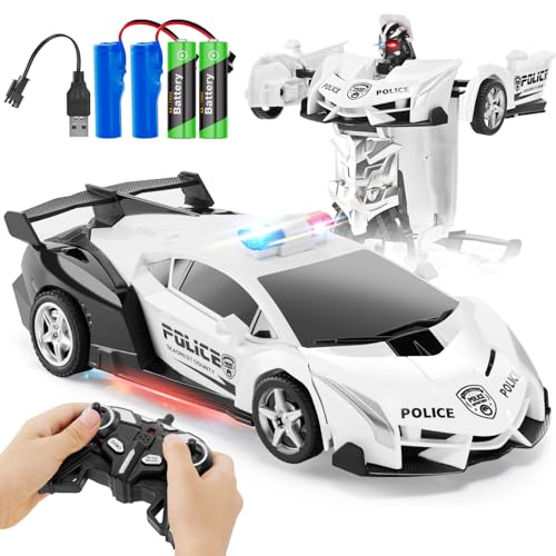 2.4G Remote Control Transformer Car, Rechargeable RC Police Car Toy with Flashing Lights, Convertible Robot & Vehicle, Gift for Kids,Police Transformer Cars for Boys 4 5 6 7 8 9 10 11 12 (Black/White)