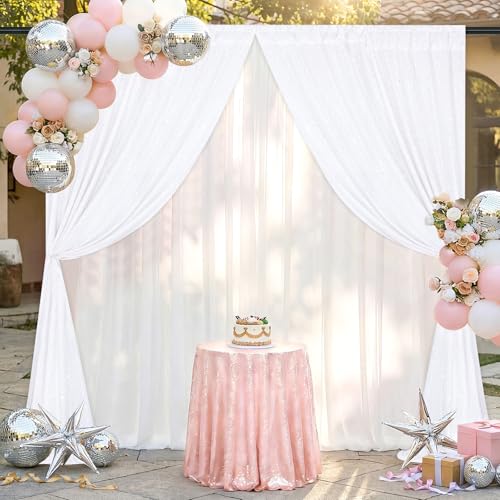 Image of White Sequin Backdrop Curtains-2 Panels 3FTx8FT White Backdrop for Wedding, Glitter Party Decorations Background Drapes for Birthday Party Anniversary Graduation Photo Booth Decor