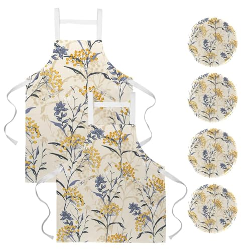 Tablier de cuisine à motif baies jaunes et feuilles avec 4 broches, lot de 2 One size