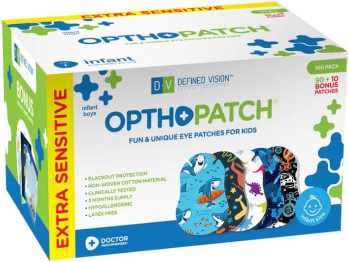 Eye Patches for Infants - Extra Sensitive Adhesive - Boys' Design [Series II] - 100 Count + 3 Reward Charts