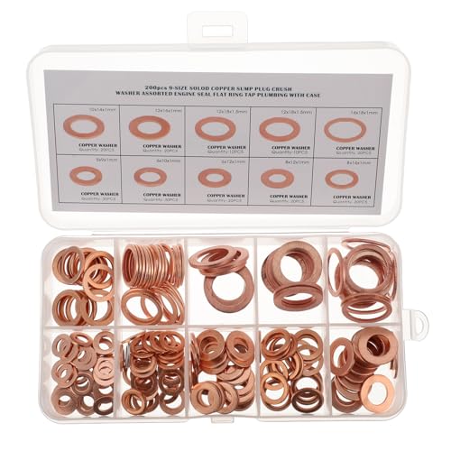 Cabilock 200Pcs Copper Sealing Washers Flat Ring Gaskets for Electrical Connections and for Automotive and Industrial Applications