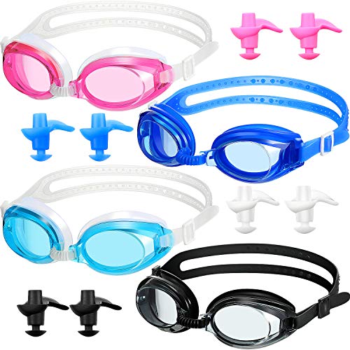 Frienda 4 Pieces Swim Goggles No Leaking Triathlon Swimming Goggles Adjustable Silicone Swim Glasses Set with Ear Plugs for Adult Men Women Youth Kids Child